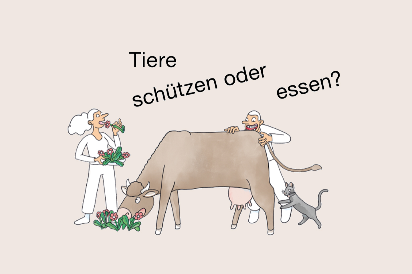 Illustration aus dem Magazin, Mann beisst der Kuh in den Hintern. Überschrift "Tiere schützen oder essen?"