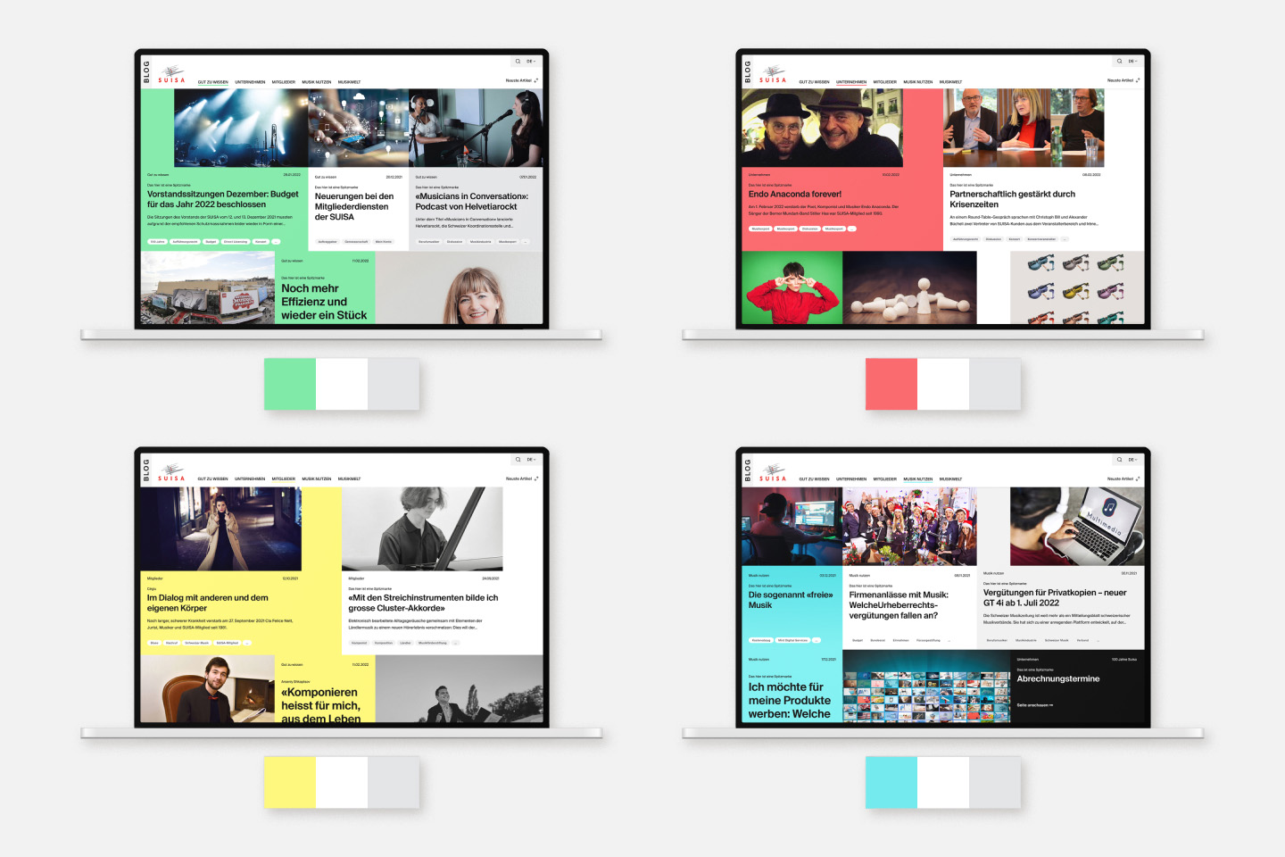 Vier Laptops mit farblich unterschiedlichen Landingpages