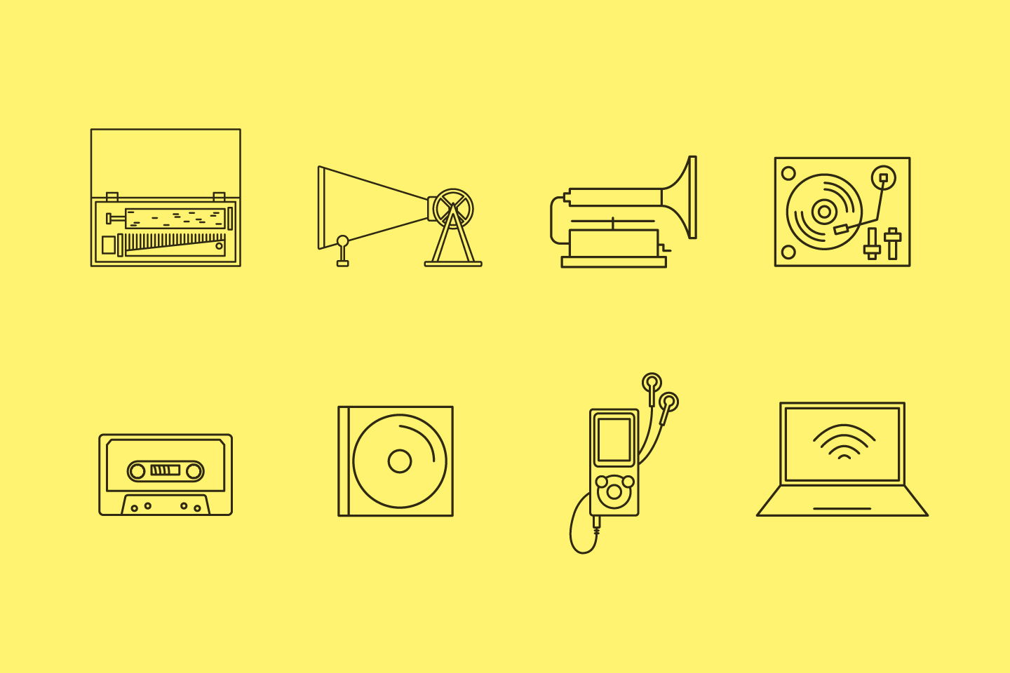 Illustration von verschiedenen Musikabspielgeräten auf gelbem Hintergrund