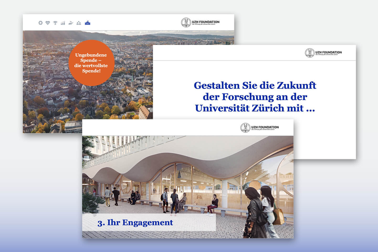 Verschiedene Slides mit kurzen knackigen Statements oder attraktiven Bildern.