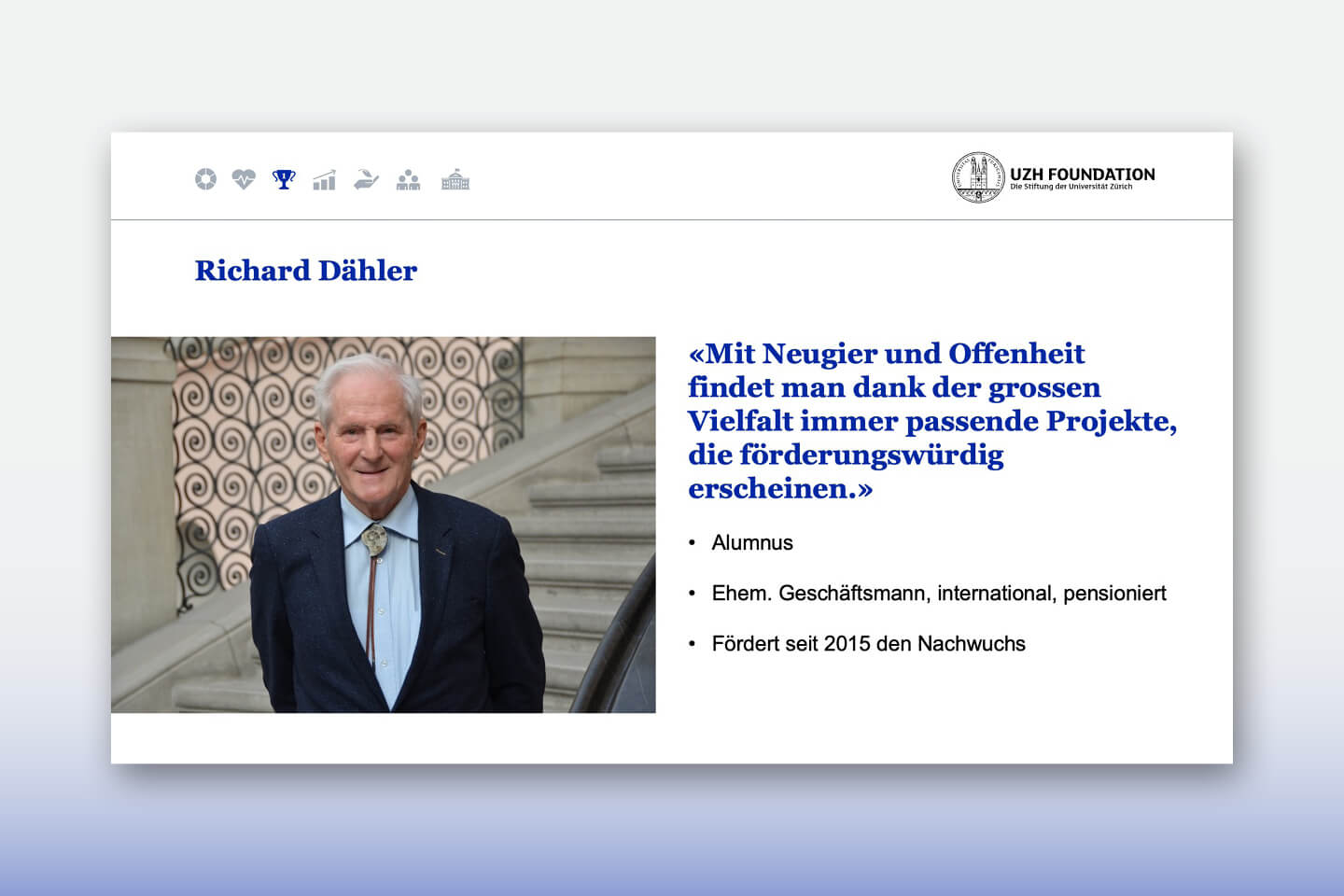 Einzelne Folie aus Präsentation mit Statement und Hintergrund zum Engagement eines Spenders.