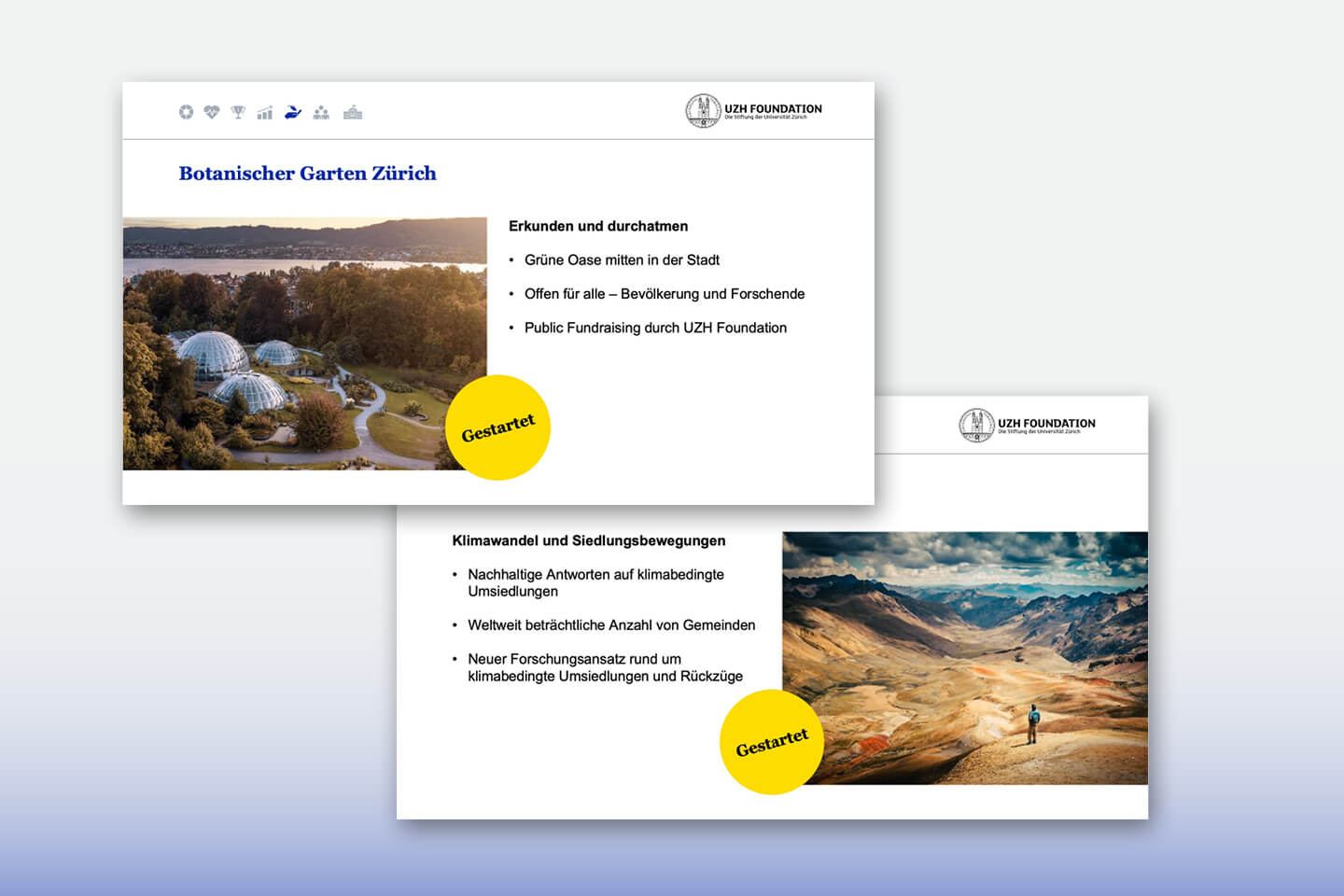 Einzelne Folie aus Präsentation mit zwei Projekten dank Spenden bereits starten konnten.