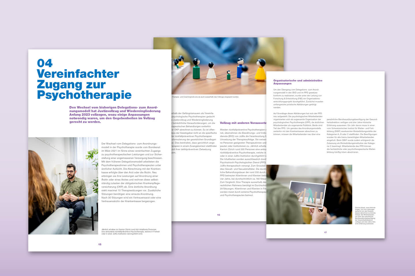 Inhaltsseiten aus dem Jahresbericht 2023 für JuWe, die verschiedene Aspekte des Berichtjahres behandeln.