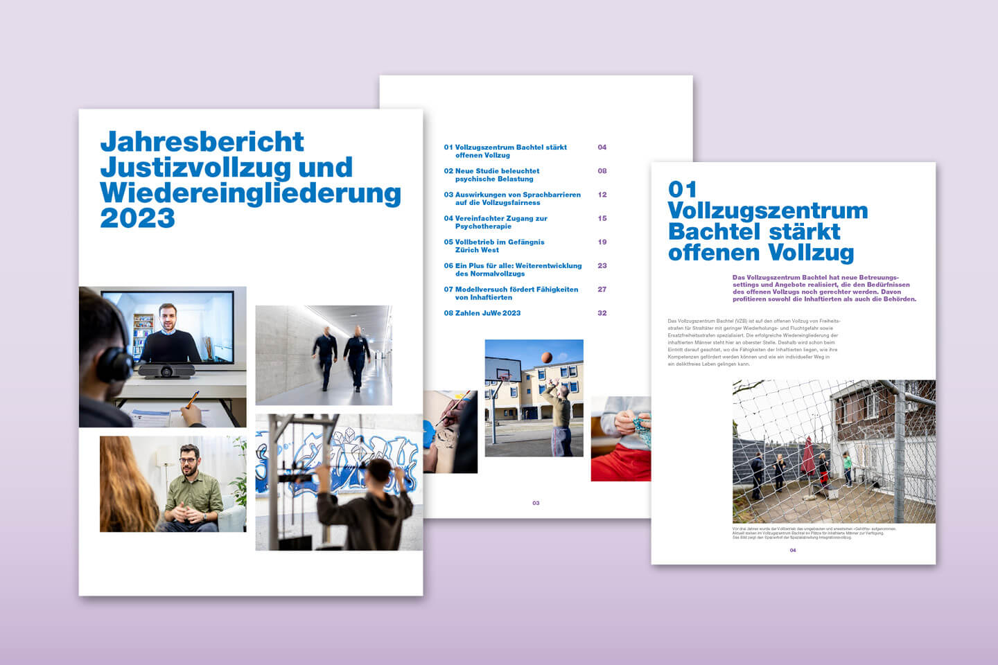 Exemplarische Seiten aus dem Jahresbericht 2023: Cover, Inhaltsverzeichnis und eine Inhaltsseite eines Artikels.