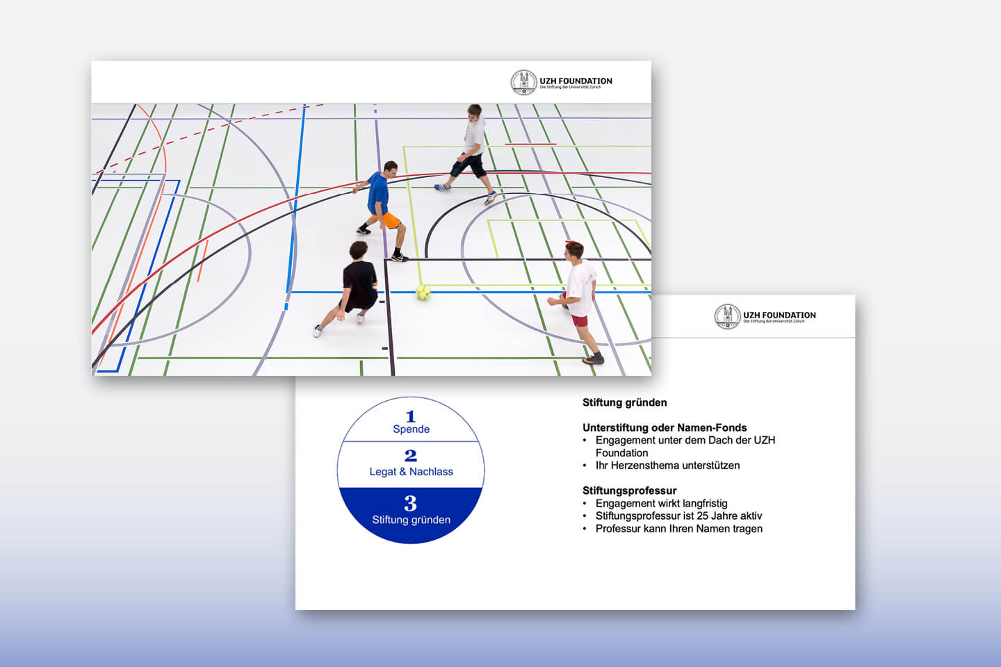 Eine Folie mit attraktivem Bild einer Turnhalle, sowie weiteren Folie mit einer Grafik betreffend den Möglichkeiten sich zu engagieren.