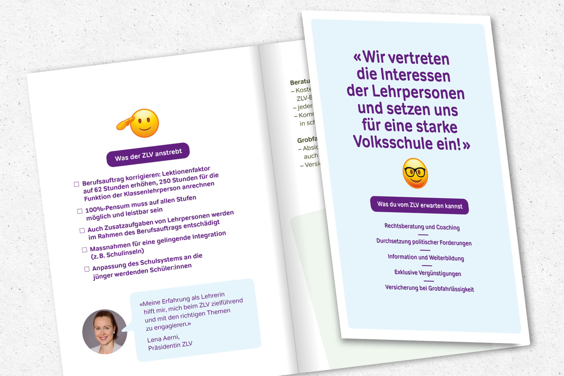 Folder mit detaillierten Dienstleistungen und Vorteilen bei einer Mitgliedschaft Zürcher Lehrerinnen- und Lehrerverbandes.