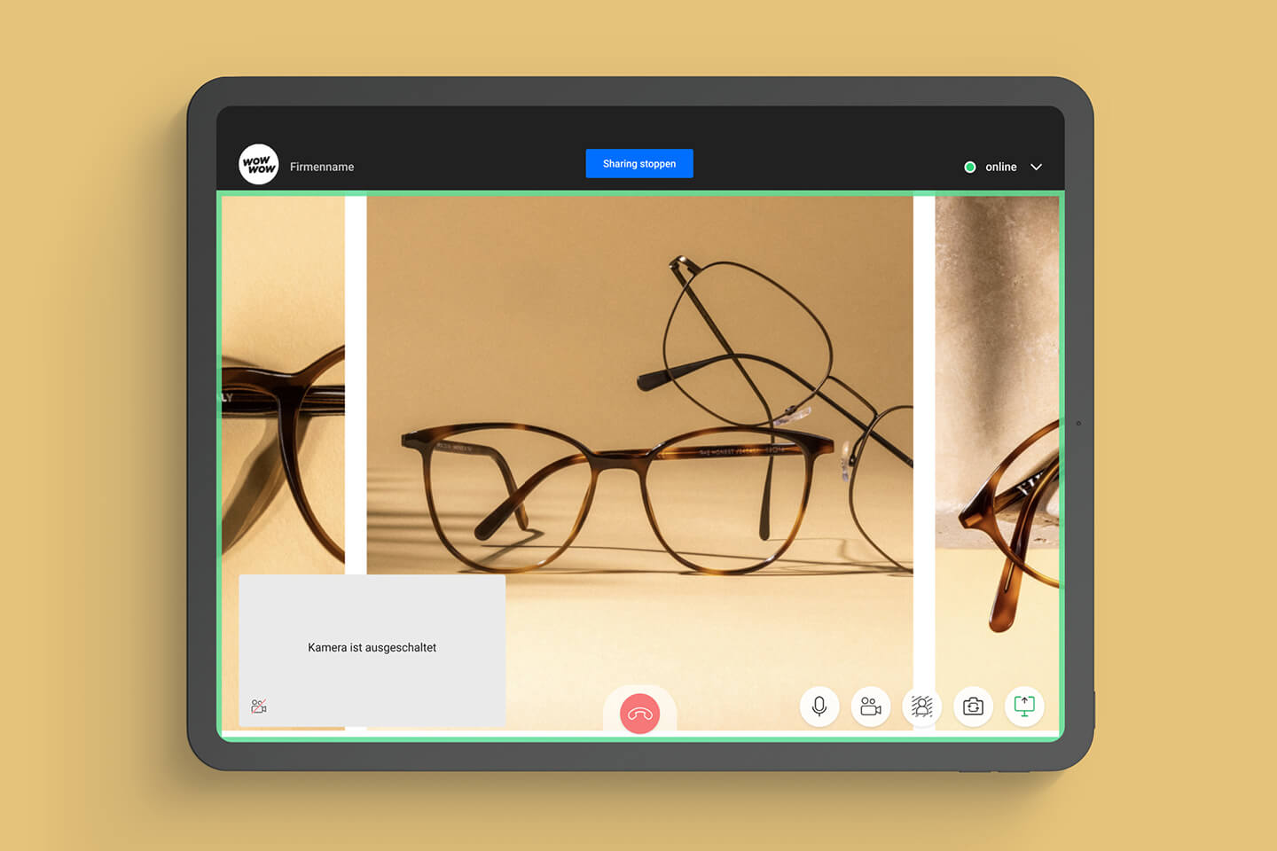 Tablet mit Ansicht während des Beratungssgesprächs, bei welchem der Screensharing-Modus aktiviert ist. Auf dem Bildschirm ist eine Brillenkollektion zu sehen.