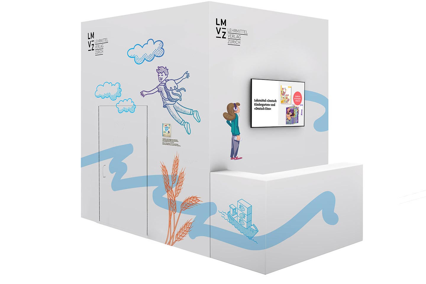 Frühe Skizze der Wände der Ausstellung. Darauf sind mehrere Illustrationen aus verschiedenen neuen Lehrmitteln des Verlags zu sehen.