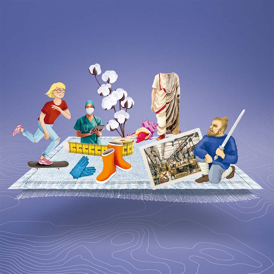 Ein Kubus, ein Ausstellungselement das als Büchergestell genutzt wird, wurde mit einer Illustration aus einem Lehrmittel versehen.