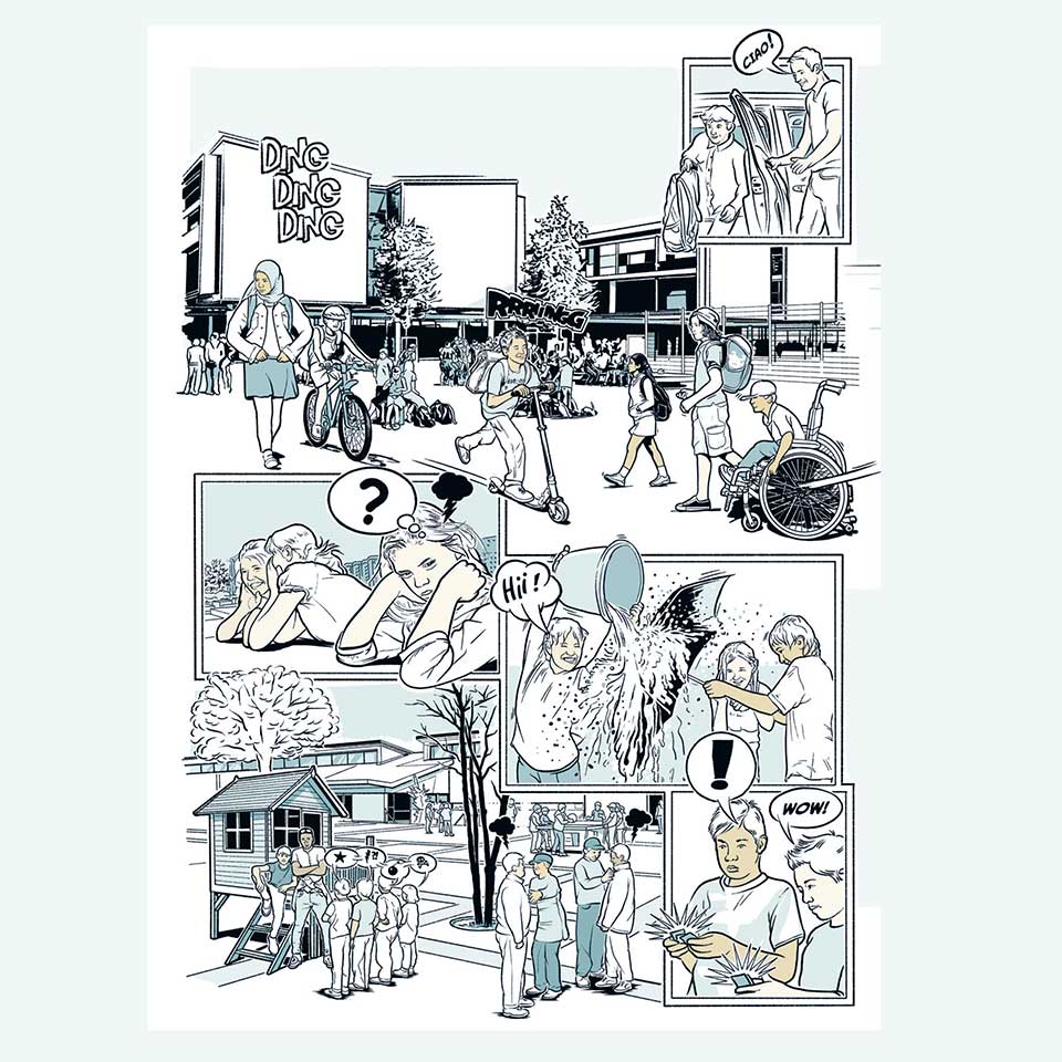 Ein Kubus, ein Ausstellungselement das als Büchergestell genutzt wird, wurde mit einer Illustration aus einem Lehrmittel versehen.