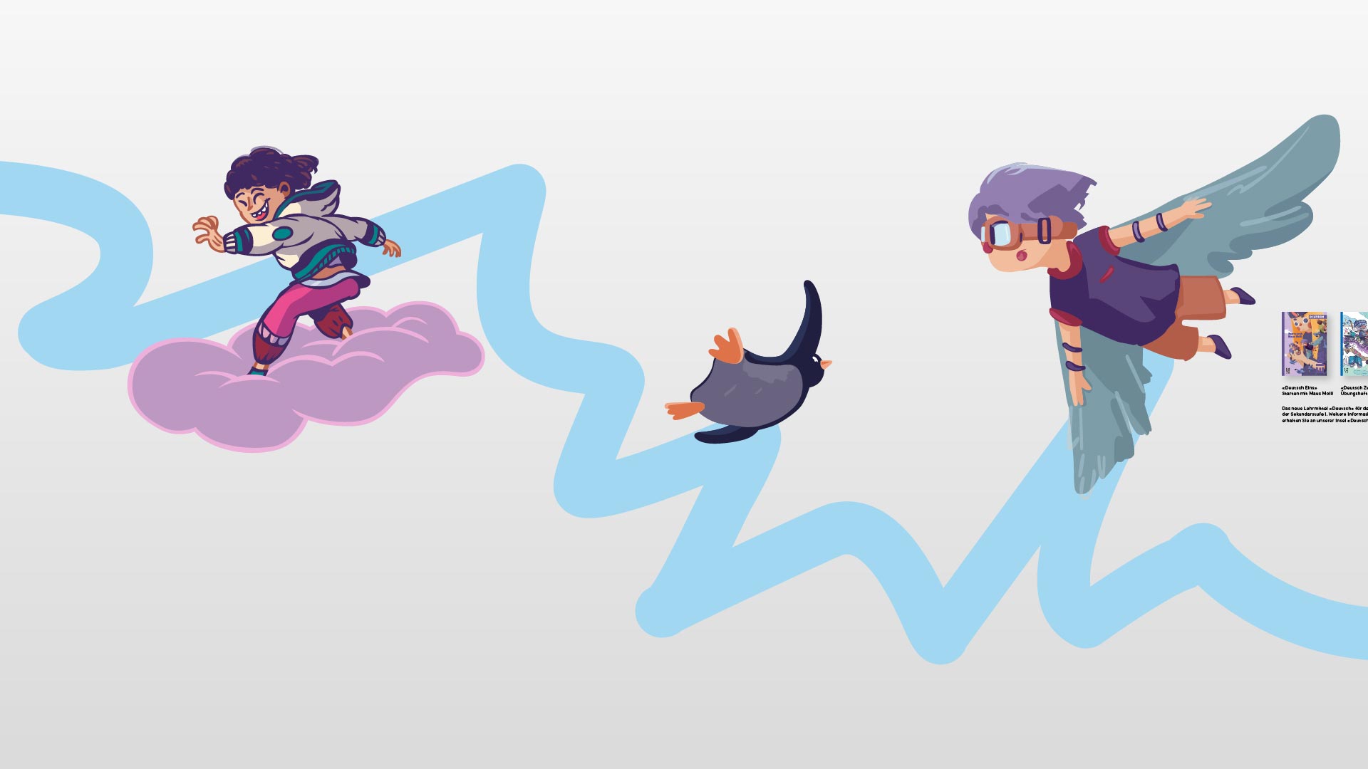 Hauptwand der Ausstellung. Darauf sind mehrere Illustrationen aus verschiedenen neuen Lehrmitteln des Verlags zu sehen. Die Illustrationen werden durch kurze Infotexte zu den Lehrmitteln ergänzt.