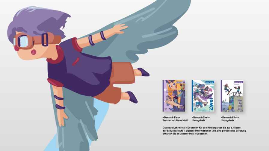 Detailansicht einer Illustration aus einem neuen Lehrmittel. Die Illustration zeigt einen Jungen mit montierten Flügeln, der am Fliegen ist.