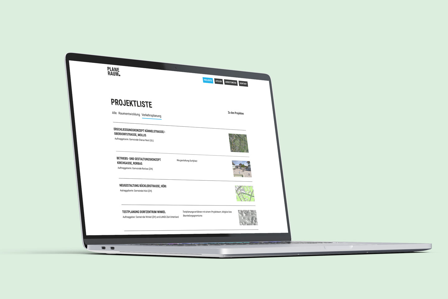 Sichtbar ist die Projektliste. Jedes Projekt wird darin mit einem Vorschaubild, Titel und Angaben zu Auftraggeber:in aufgeführt.