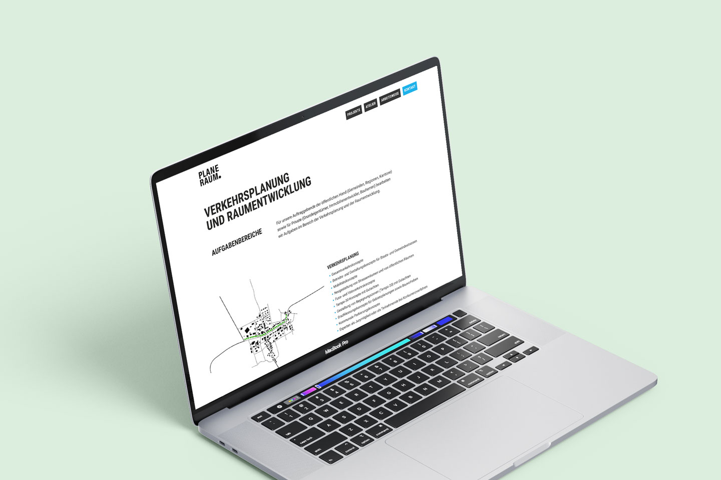 Auf einem Laptop ist die PLANE RAUM Website zu sehen. Abgebildet sind die Aufgabenbereiche zu Verkehrsplanung und Raumentwicklung.