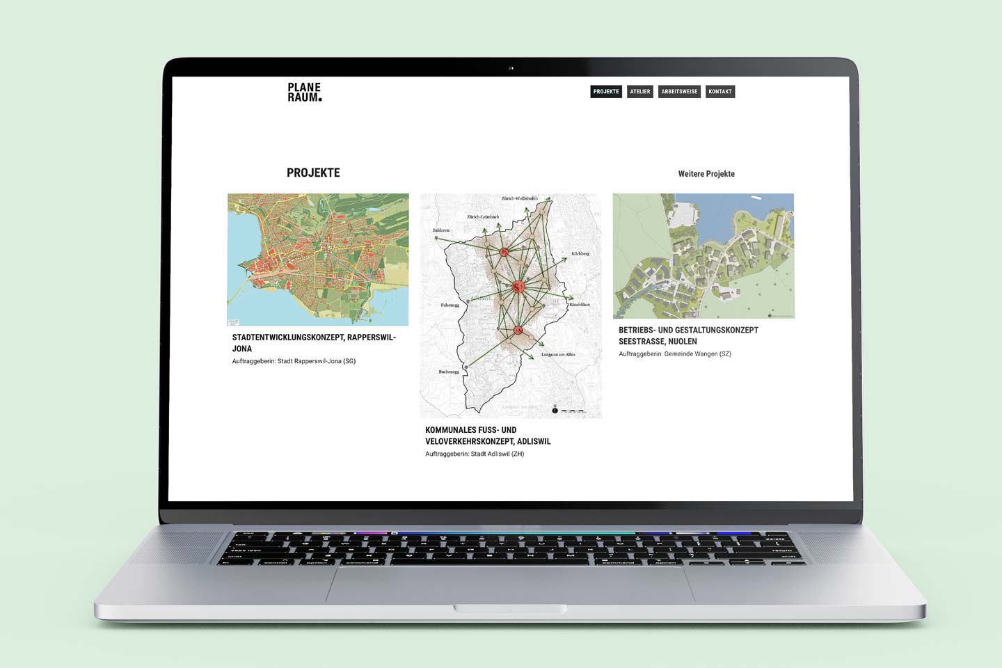 Drei Projekte werde hier prominent abgebildet: ein Stadtentwicklungskonzept, ein Veloverkehrskonzept, sowie ein Betriebs- und Gestaltuunngskonzept.