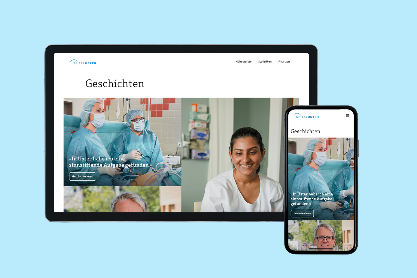 Mockup von Smartphone und Tablet auf denen die Geschichtenseite gezeigt wird