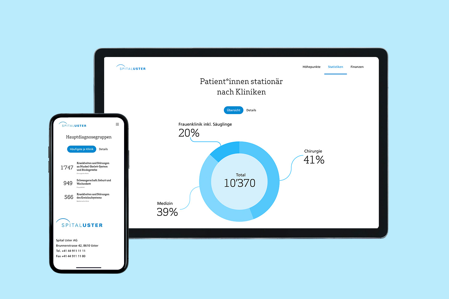 Mockup von Smartphone und Tablet auf denen die Seiten Hauptdiagnosegruppen und Statistiken abgebildet werden