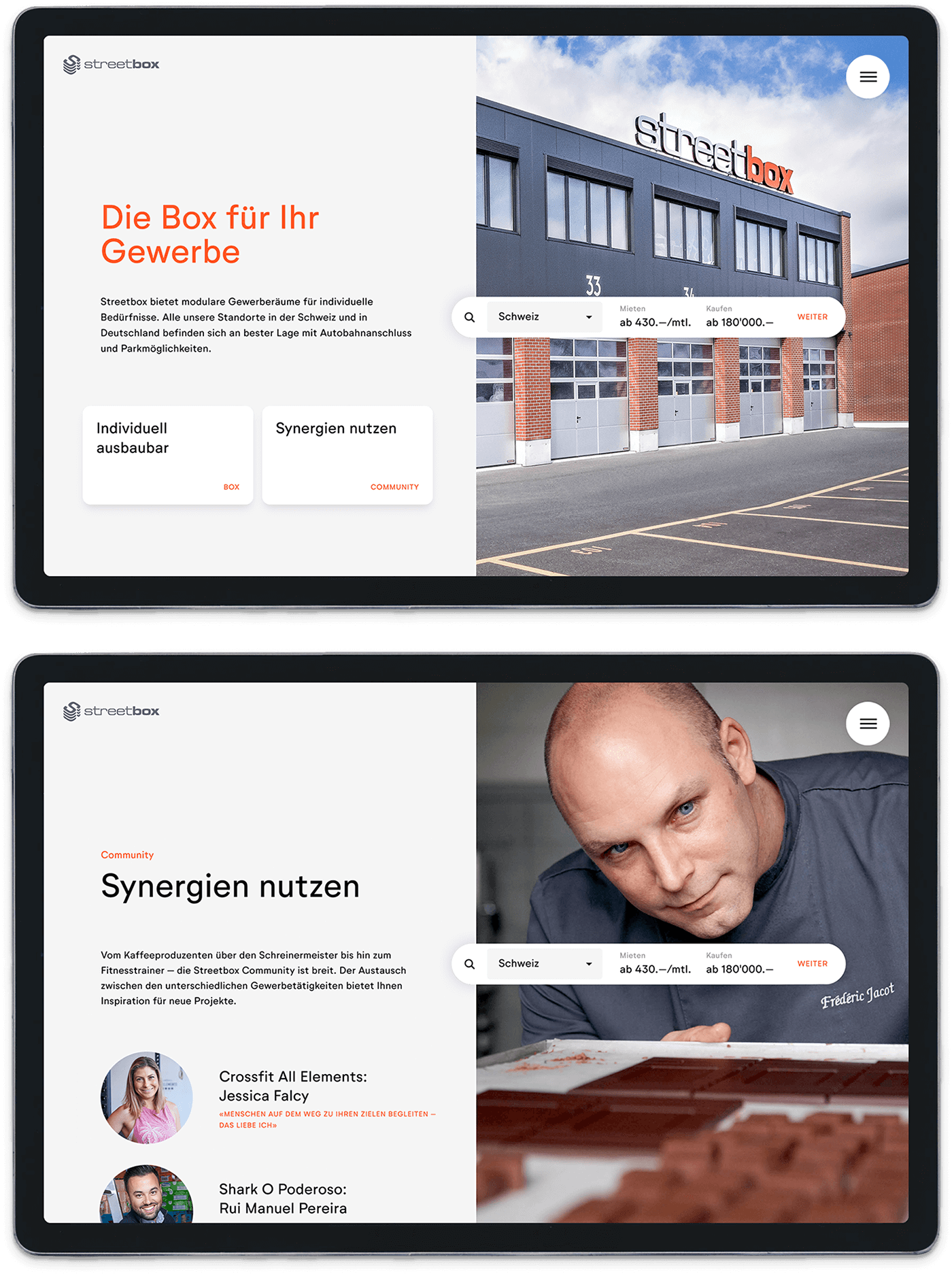 Die Gewerberäume für alle: Streetbox Website auf zwei Ipads