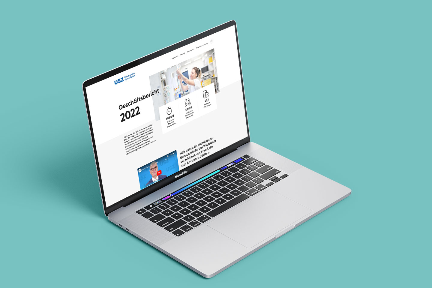 Laptop auf dem die Homesite digitaler Geschäftsbericht für USZ gezeigt wird