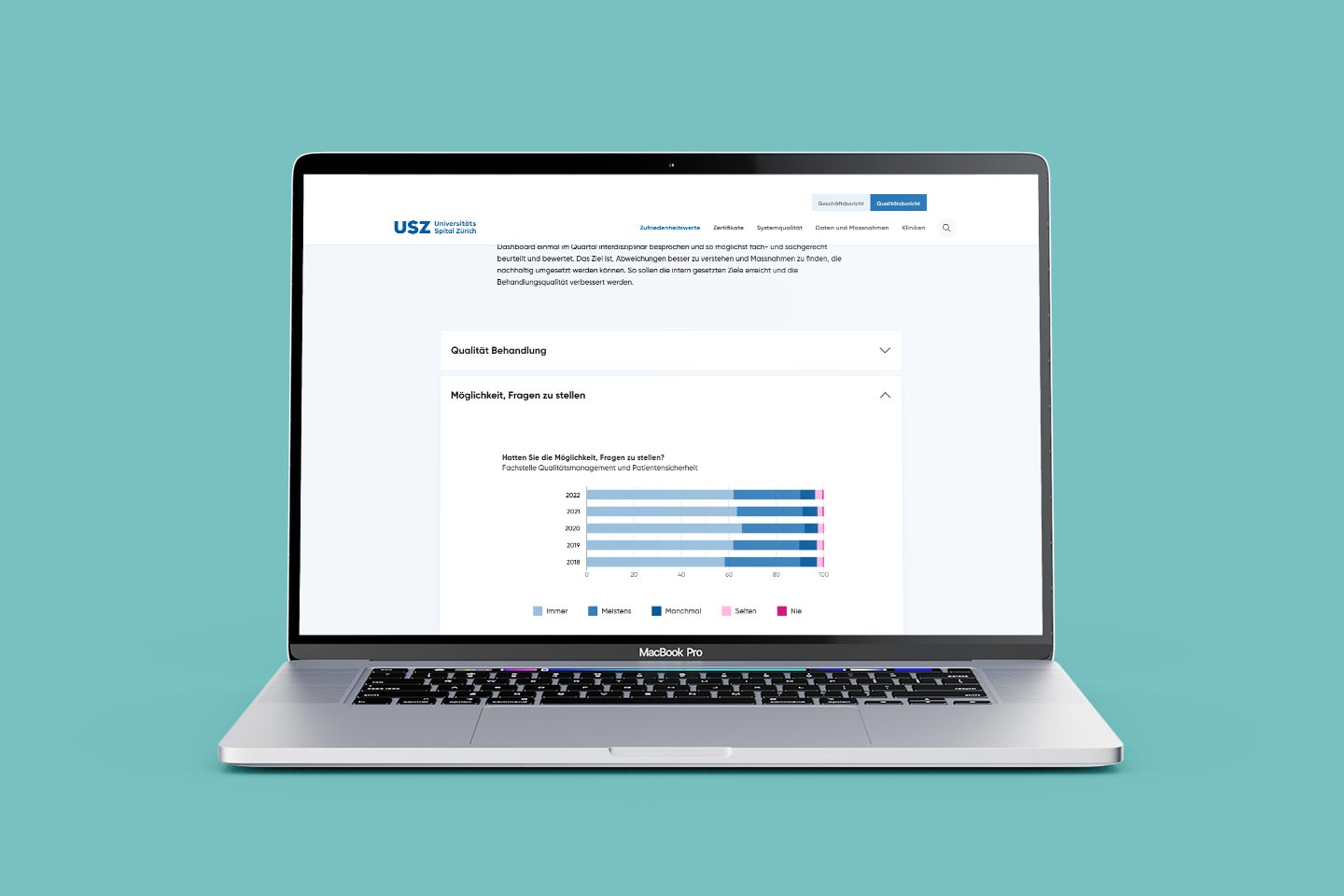 Laptop zeigt Umfragewerte des Qualitätsbericht des Universitätsspital Zürich zum Thema Zufriedenheit. Hier der Punkt «Möglichkeit Fragen zu stellen».