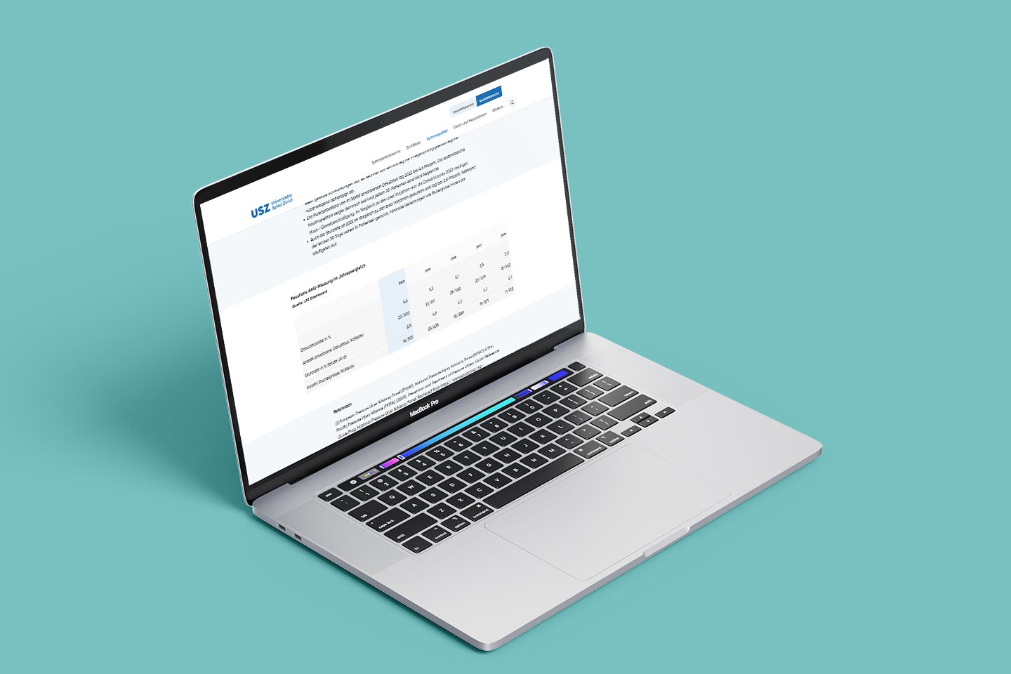 Laptop zeigt einen Ausschnitt aus einer Tabelle des Qualitätsbericht des Universitätsspital Zürich zum Thema Systemqualität.