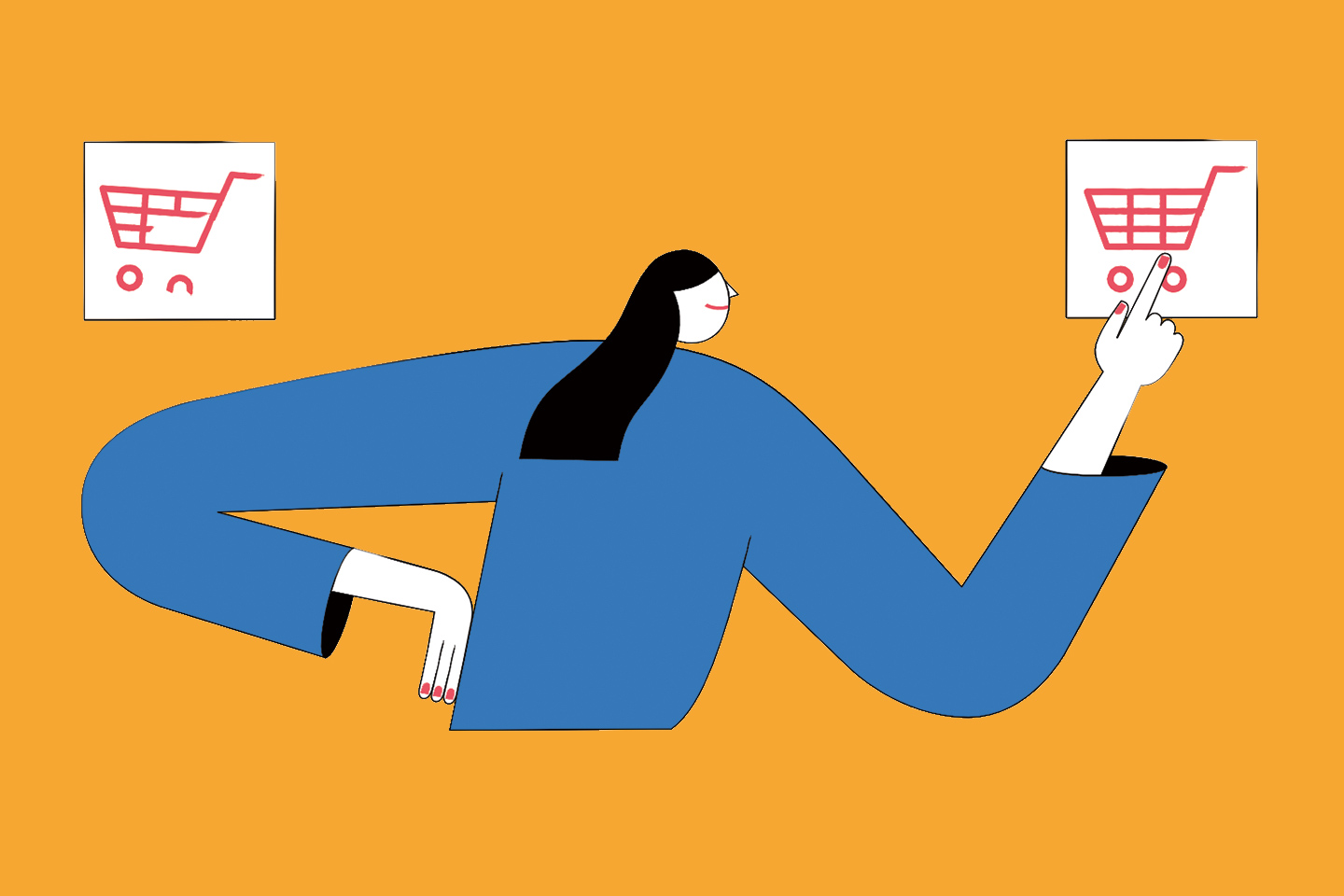 Illustration einer Frau die einen Einkaufswagen anwählt.