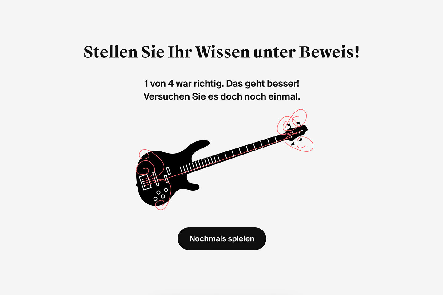 Quizfragen auf der Jubiläumswebseite mit der Illustration einer Gitarre